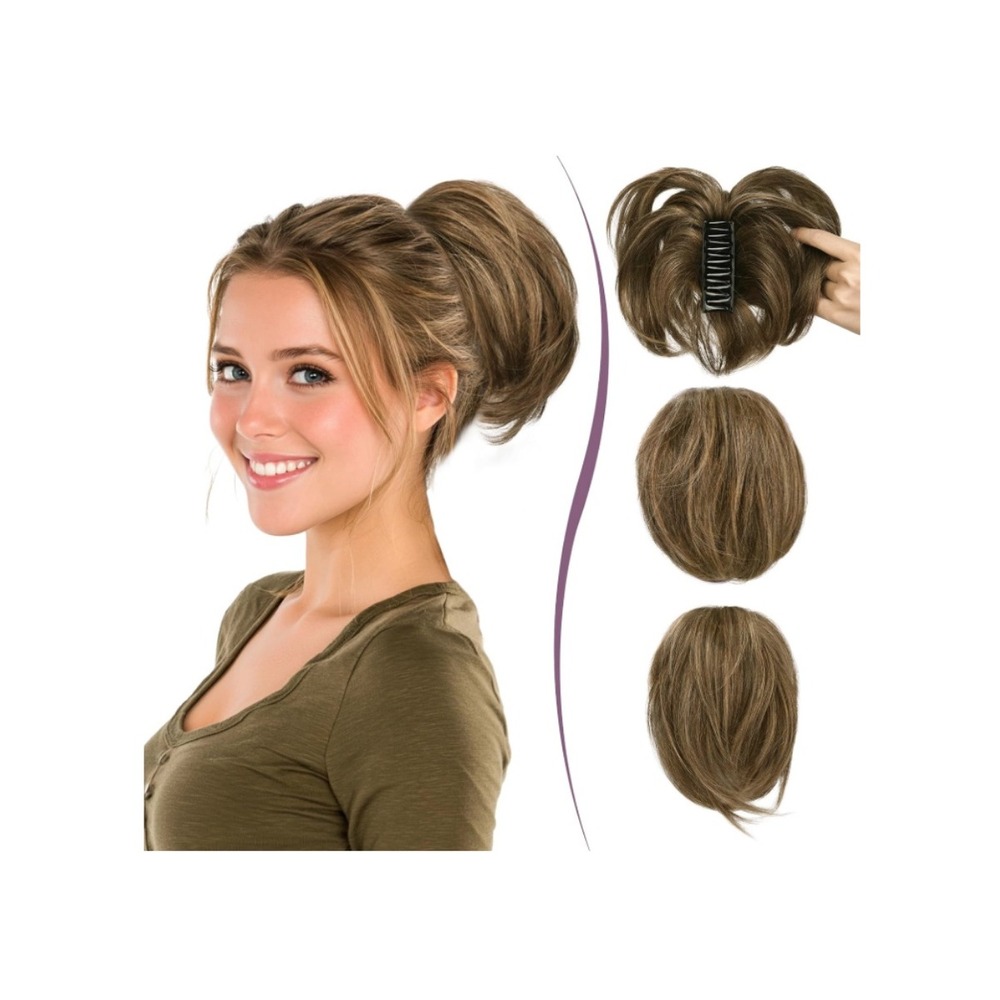 9" Claw Clip Real Human Hair Ponytail Extension Short Messy Bun Med Brown Updo